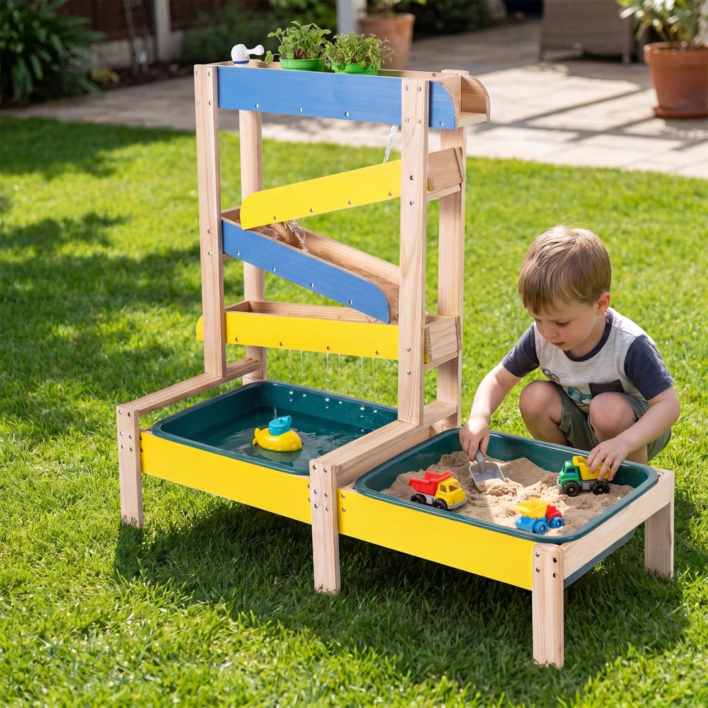 Tavolo sabbia e acqua in legno con rubinetto bambini 3+, Tavolo gioco acqua con barchette sottomarino 2 vasche e 2 vasi