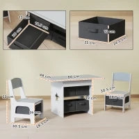 Set Tavolo e Sedie per Bambini 3-8 Anni con 6 Cassetti e Bordi Arrotondati, in Legno e Tessuto, Grigio e Bianco