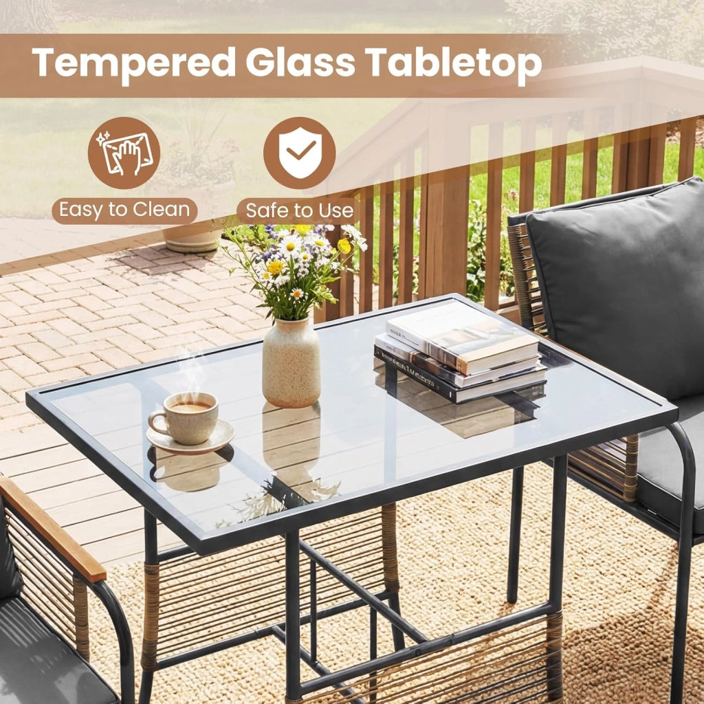 Set Mobile da Giardino in PE Rattan, Tavolo e 2 Sedie con Piano in Vetro Temperato, Cuscini Morbidi e Braccioli in Legno-Plastica, Salotto da Estemo per Cortile, Patio, Piscina (Grigio)