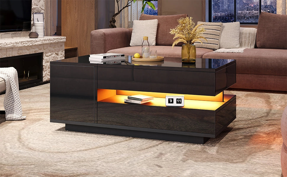 TAVOLINO DA SALOTTO 95x50x40 cm Nero Lucido sollevabile con LED e 1 cassetto