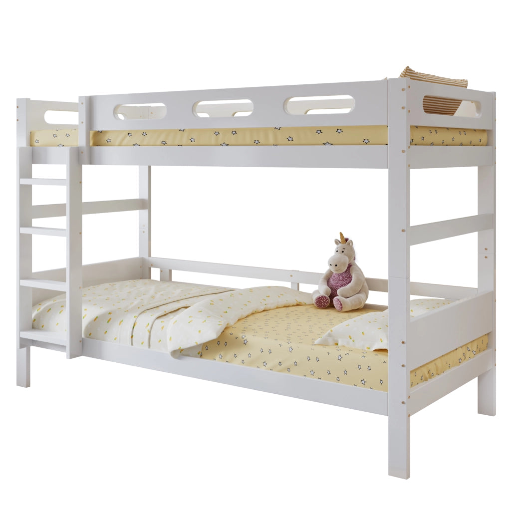 Letto a Castello 90x200 cm; 2 Posti - con Scala e Sponda di Sicurezza - in Legno - Bianco