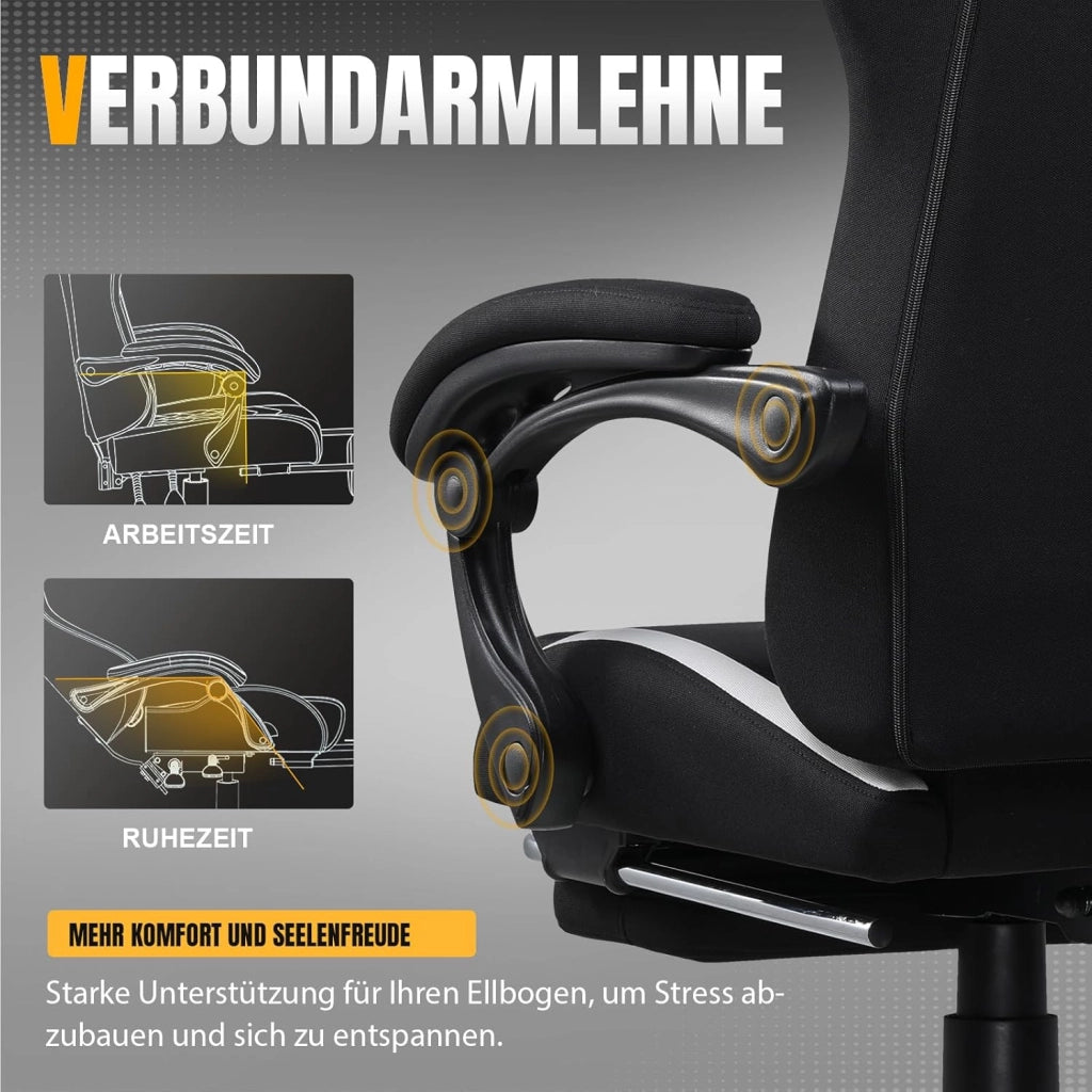 Sedia da gioco, sedia da ufficio, traspirante, in tessuto di alta qualità, ergonomica, sedia da scrivania, regolabile e girevole con poggiapiedi, nero