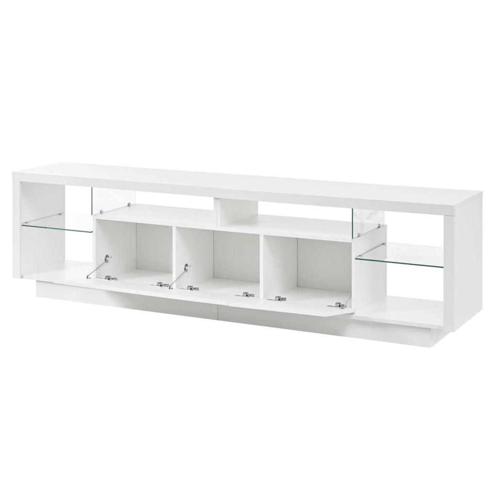 Mobile TV 200x38x55 cm con ante lucide; LED multicolore da app; in truciolare bianco