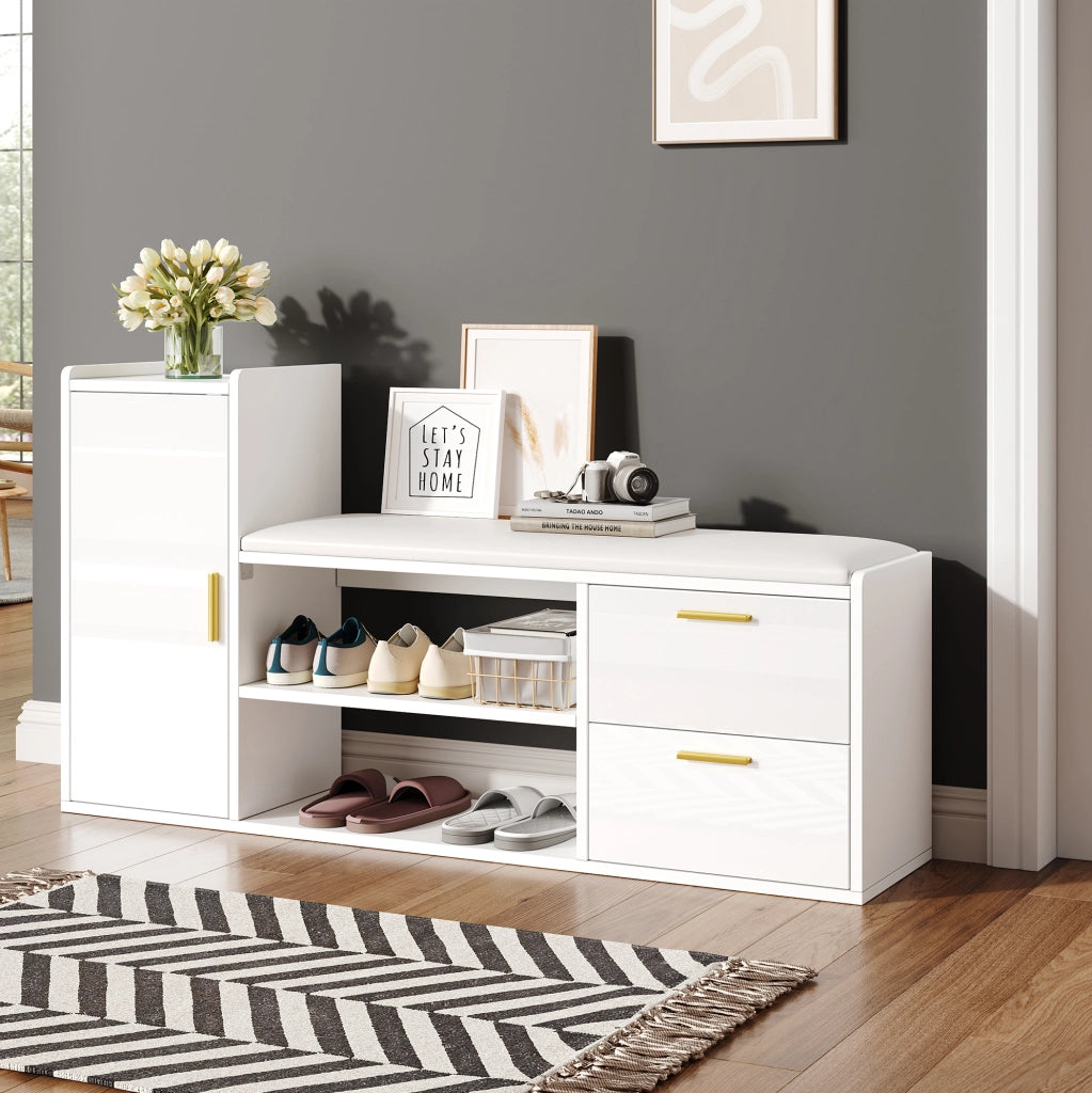 Scarpiera 128x30x68 cm con 2 cassetti; 1 anta e seduta imbottita in truciolato bianco
