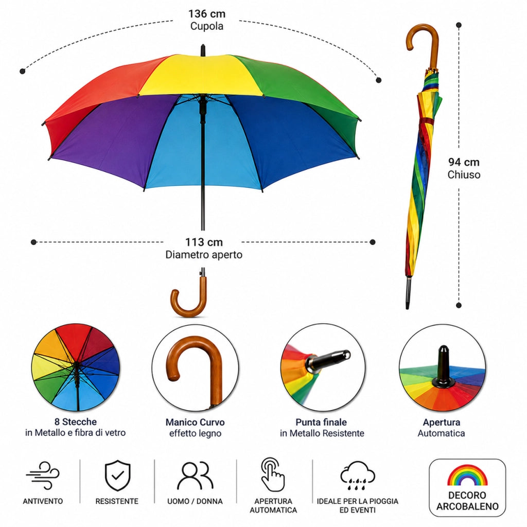Kit 5 Ombrelli Automatici Arcobaleno 8 Stecche Antivento Manico Curvo 113 cm