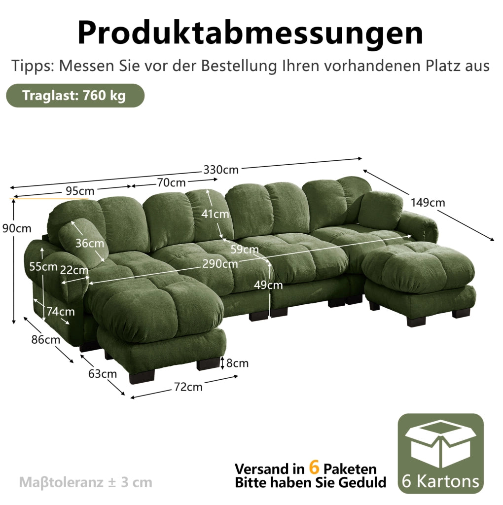 Divano modulare in ciniglia con pouf mobili 330×149×90 cm verde