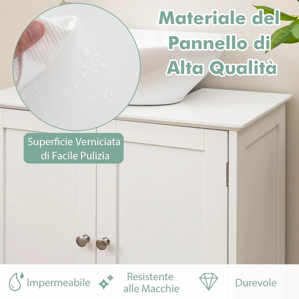 Mobile Sottolavabo per Bagno, Armadietto a Terra con 2 Ante, Ripiano e Taglio a U 22 x 19cm, Organizzatore Moderno e Salvaspazio per Prodotti da Toeletta e Asciugamani, Bianco