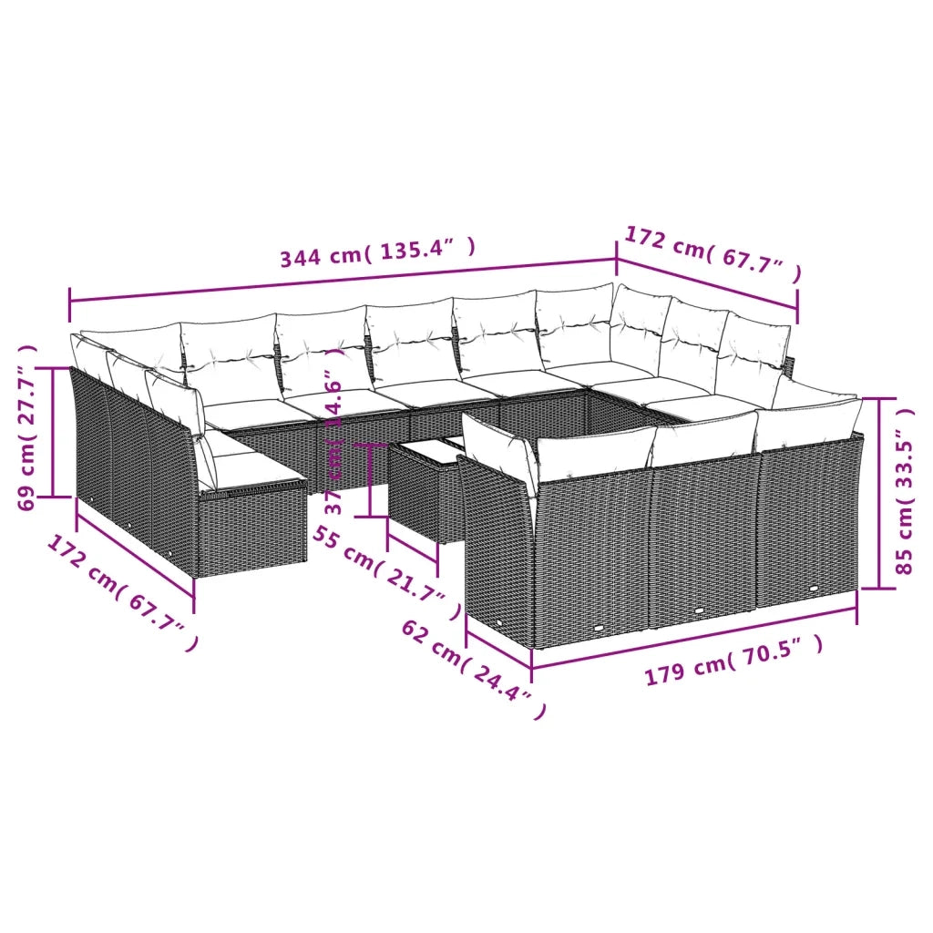 Set Divani da Giardino 14pz con Cuscini in Polyrattan Nero
