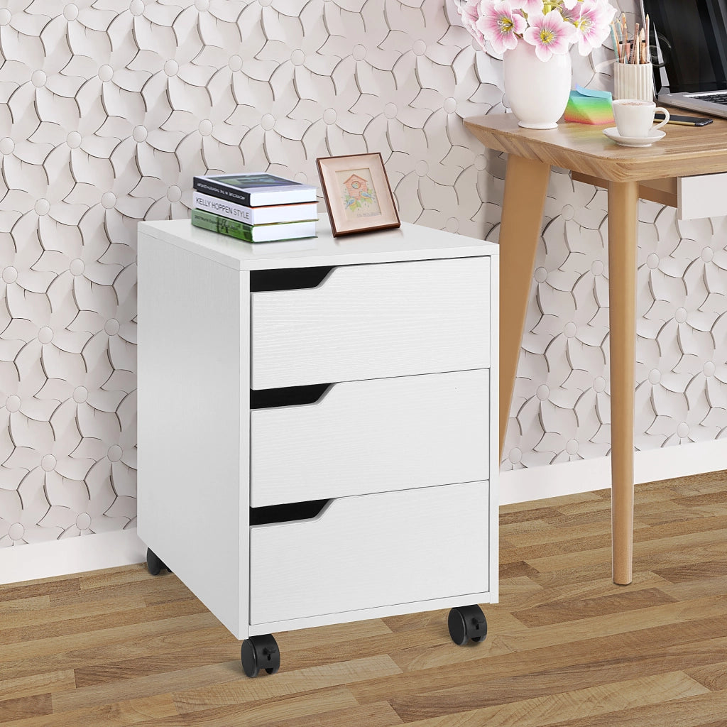 Cassettiera da Ufficio a 3 Cassetti con Maniglie a Scomparsa. in Legno e Metallo. 40x50x57.5 cm. Bianco