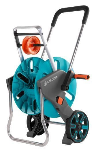 Gardena 18515-20 AquaRoll M Easy Carrello Avvolgitubo Manuale Capacita' 60 m Diametro Tubo 13 15 19 mm con Stop Goccia e Resistenza al Gelo colore Nero Blu Arancione