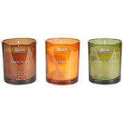 Set di 3 candele profumate multicolore 100% cera di soia stoppino di cotone vetro Naturale Fragranza fresca mela dorata, cioccolato, ambra