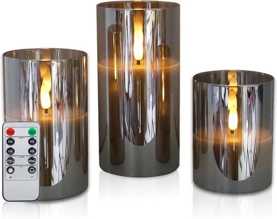 Set di candele LED con timer e controllo a distanza, 3 pezzi, con fiamma paraffinica, 300 ore di durata, fiamma fissa, con capsula in vetro e batteria.