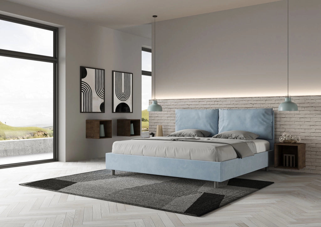 BS COM Letto matrimoniale king size senza rete imbottito 190x210 microfibra azzurro Large