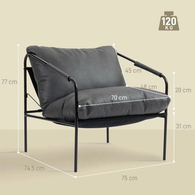POLTRONA DA SALOTTO IN PELLE PU E TELAIO IN METALLO CON CUSCINI SPESSI, 74.5X75X77 CM, GRIGIO CARBONE