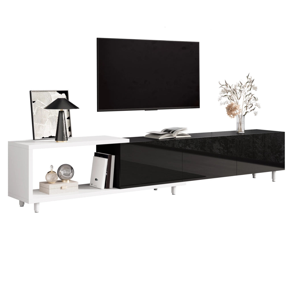 Mobile TV 258x38x48.5 cm allungabile con 3 ante; MDF e pannello truciolare; nero e bianco