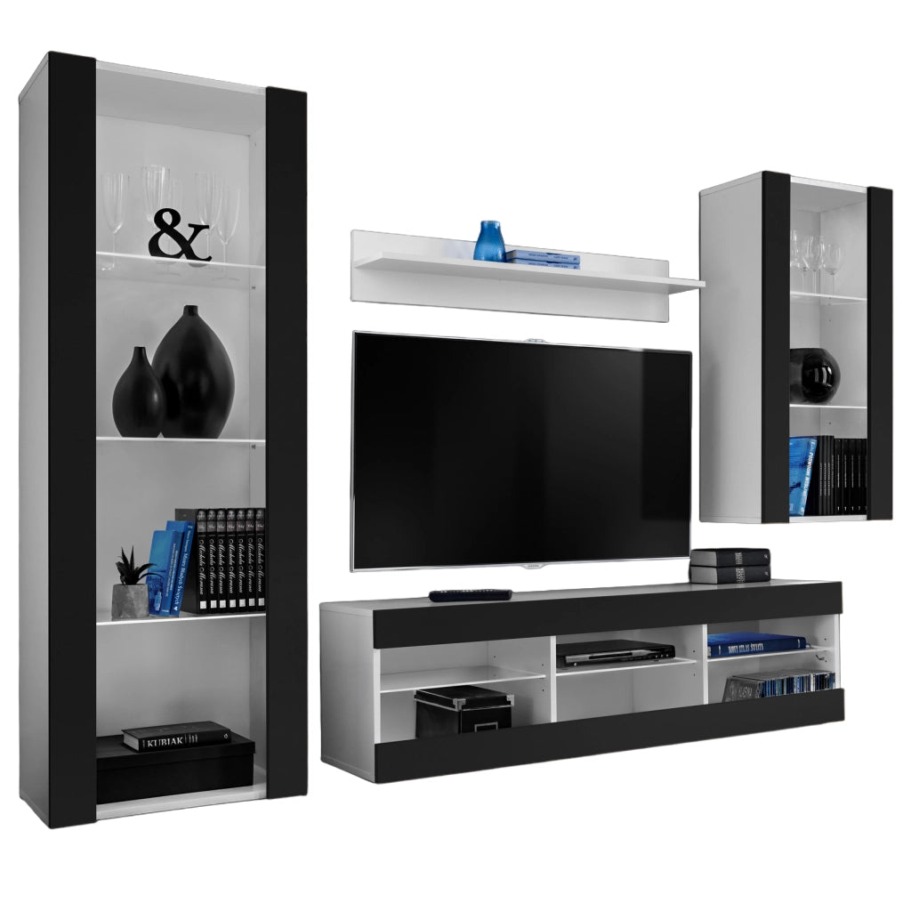 Set Di Mobili Porta TV Tivoli Medio, Komodee, Bianco/Nero, Senza LED, Larghezza 245 cm x Altezza 159 cm x Profondità 35 cm, Per soggiorno, Camera da letto
