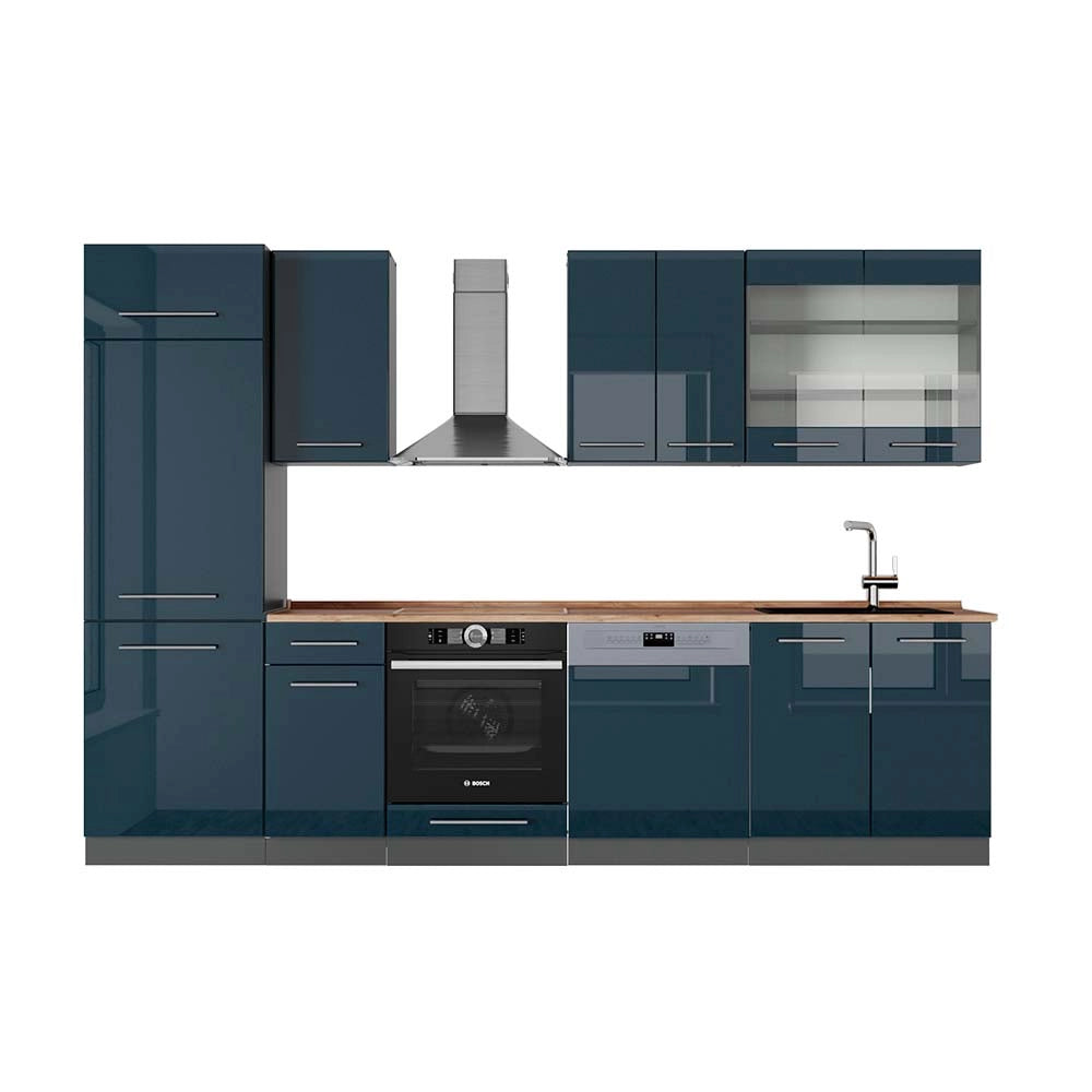 Cucina componibile Fame-Line Blu scuro lucido/Antracite 300 cm, PL Rovere Vicco