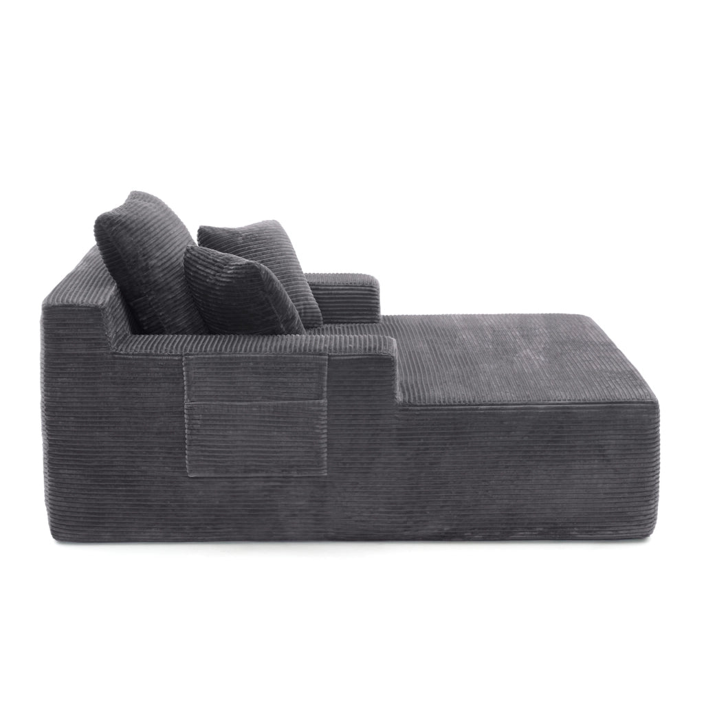 DIVANO in corduroy grigio scuro con tasche laterali e 3 cuscini