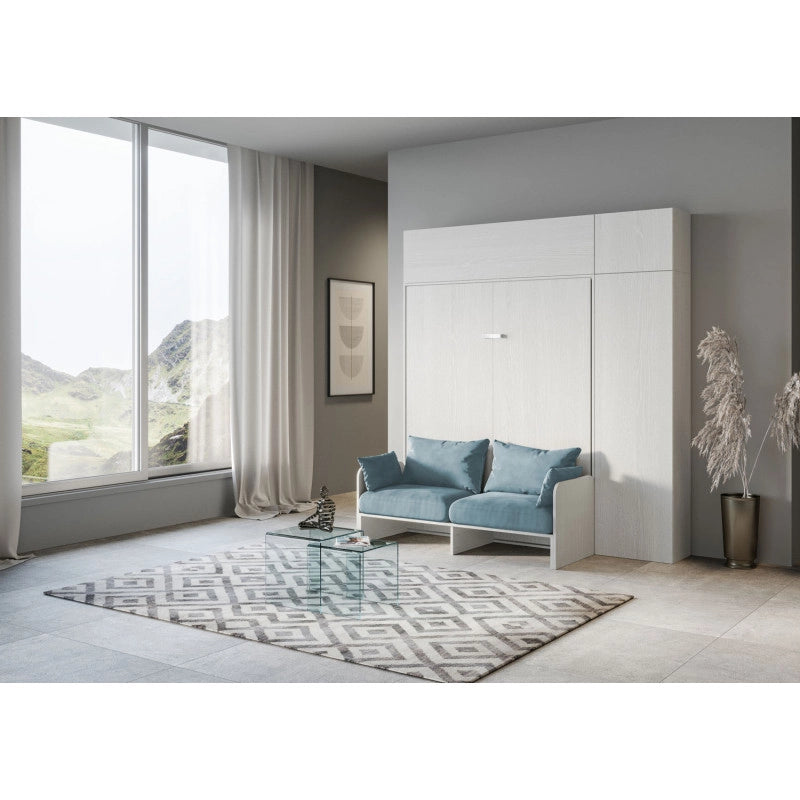 Letto matrimoniale a scomparsa 160 Kentaro con divano e mobili , azzurro - Bianco Frassino