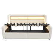 Letto imbottito singolo 90×200 cm con contenitore; LED; ripiano e prese USB Type-C; senza materasso; beige