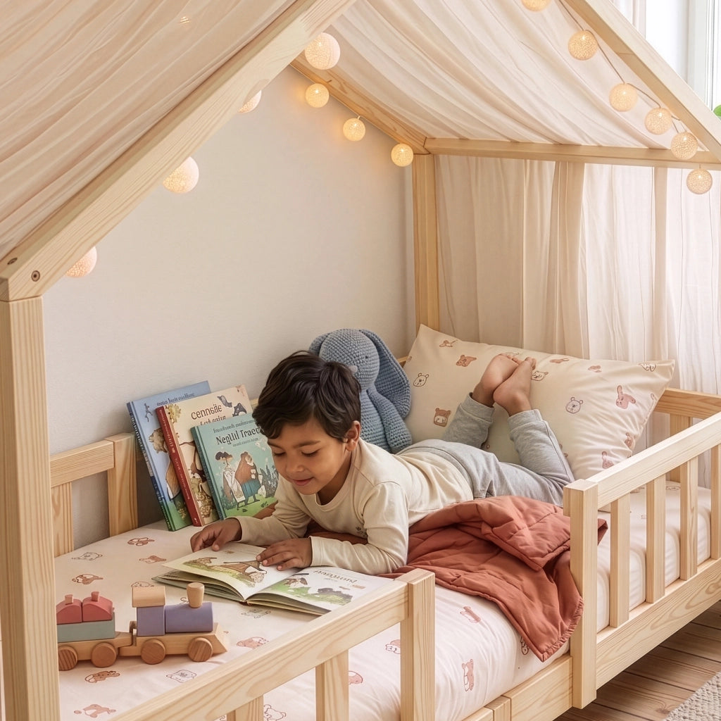 Letto per Cameretta Treviolo a Forma di Casetta in Stile Montessori 90x200 cm Naturale [en.casa]