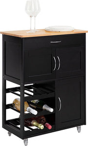 Carrello da cucina - Credenza mobile - Isola da cucina mobile - Ampio spazio di stoccaggio con pannelli per bottiglie e cassetti - Facile mobilità con ruote bloccabili - Durevole MDF e legno di gomma - 67 cm x 87 cm x 38 cm - Nero