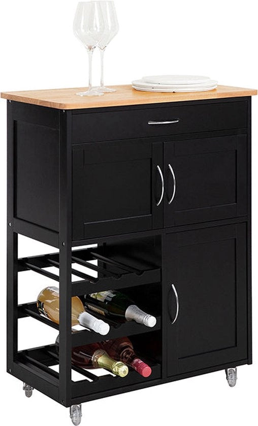 Carrello da cucina - Credenza mobile - Isola da cucina mobile - Ampio spazio di stoccaggio con pannelli per bottiglie e cassetti - Facile mobilità con ruote bloccabili - Durevole MDF e legno di gomma - 67 cm x 87 cm x 38 cm - Nero