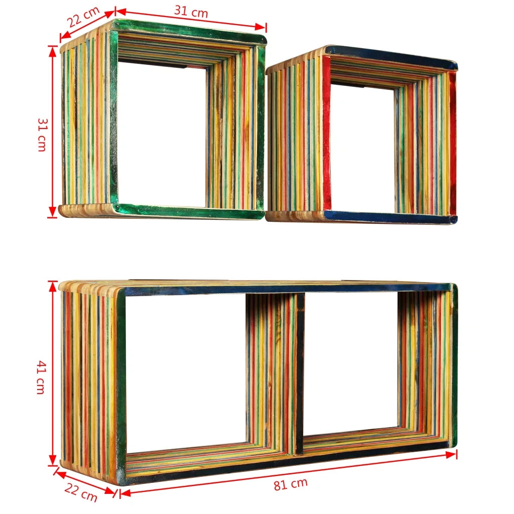 3 pz Set di Mensole | Ripiano | Scaffale in Massello di Teak di Recupero Multicolore
