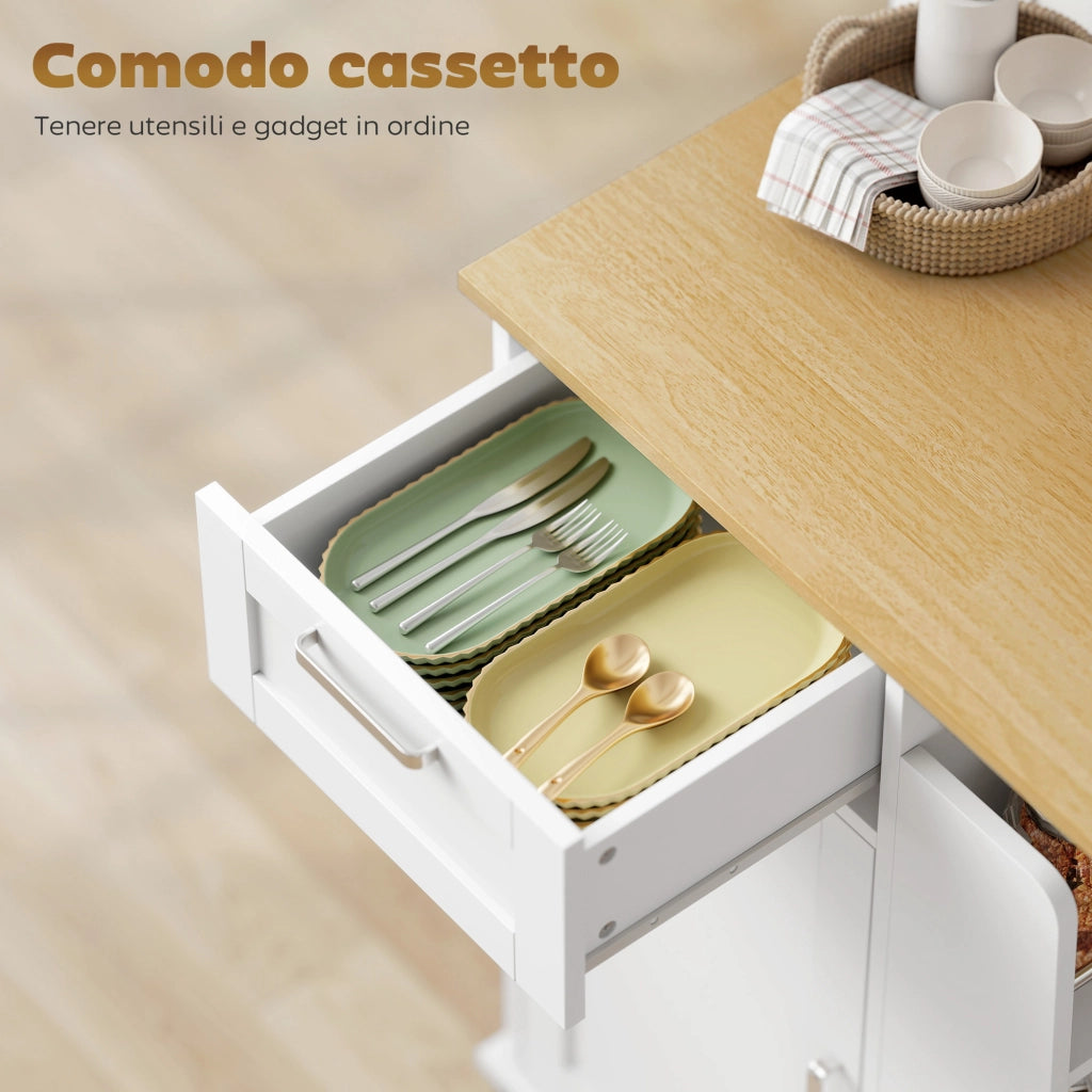 Carrello da Cucina con Cassetto e Armadietto ¨C zephmum ¨C Legno Bianco 62x40x87 cm