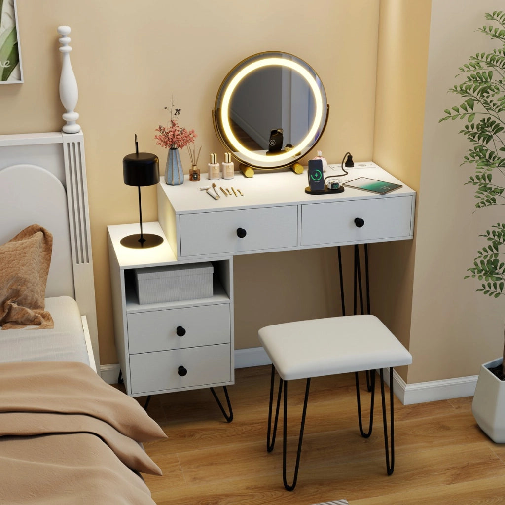 Tavolo da trucco con specchio e luci 4 cassetti estraibili e scomparto aperto, Tavolo da toeletta con sgabello per camera da letto-Tavoli da trucco