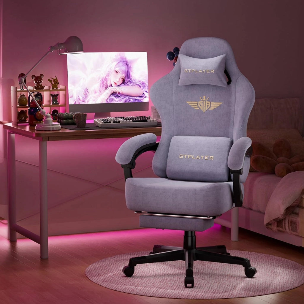 Sedia da gioco, traspirante, sedia da ufficio, ergonomica, in tessuto di alta qualità, ergonomica, schienale regolabile a 160° e poggiapiedi estraibile, carico 180 kg,colore: viola macaron