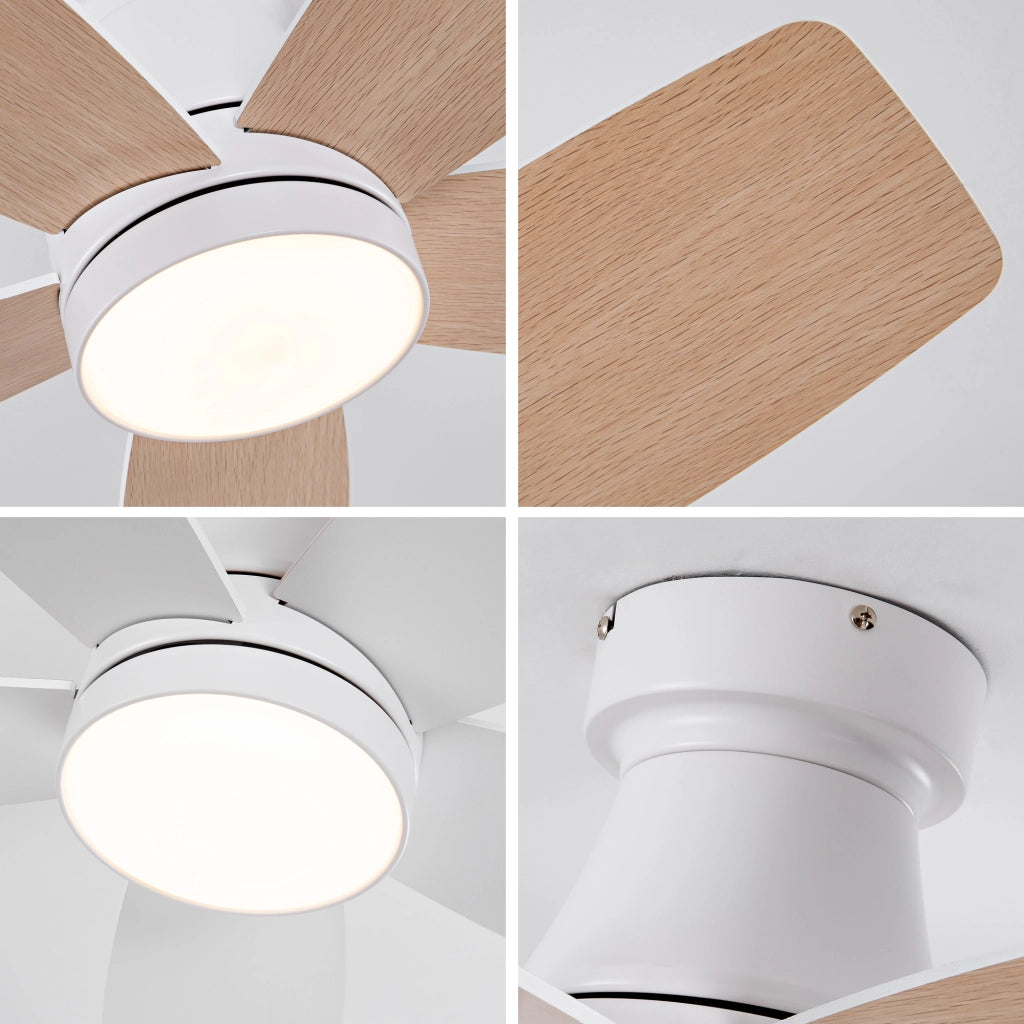 Ventilatore da soffitto con luce LED; 5 pale in legno composito; telecomando e finitura bianca e naturale