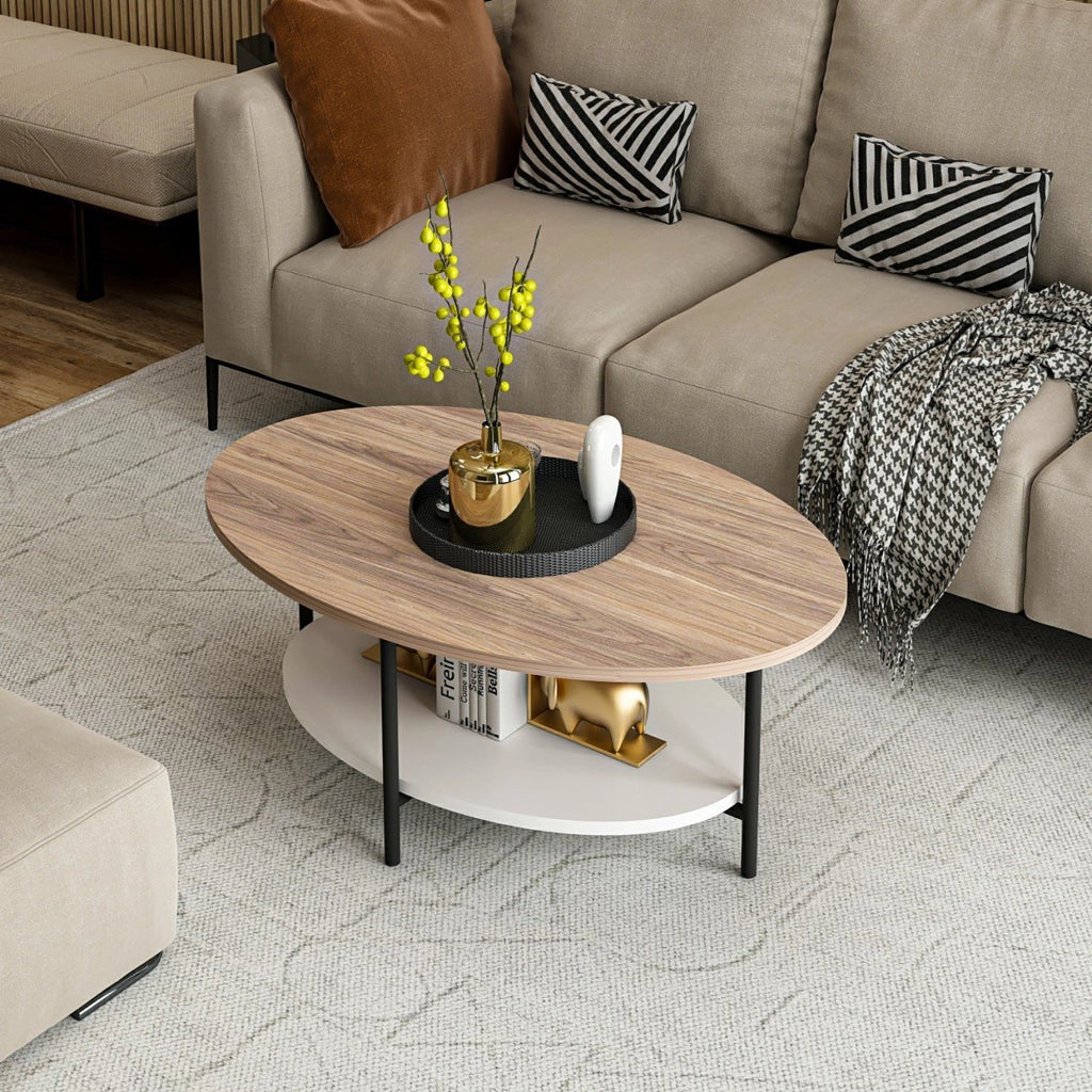 Tavolino da Caffè Fredericia con Piani Ovali - Effetto Rovere / Bianco [en.casa]