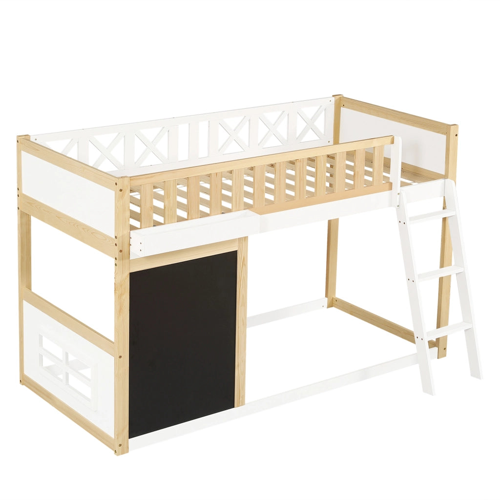 Letto a Soppalco 90x200 cm - Lavagna; Box Contenitore e Scaletta Inclinata - Bianco Naturale