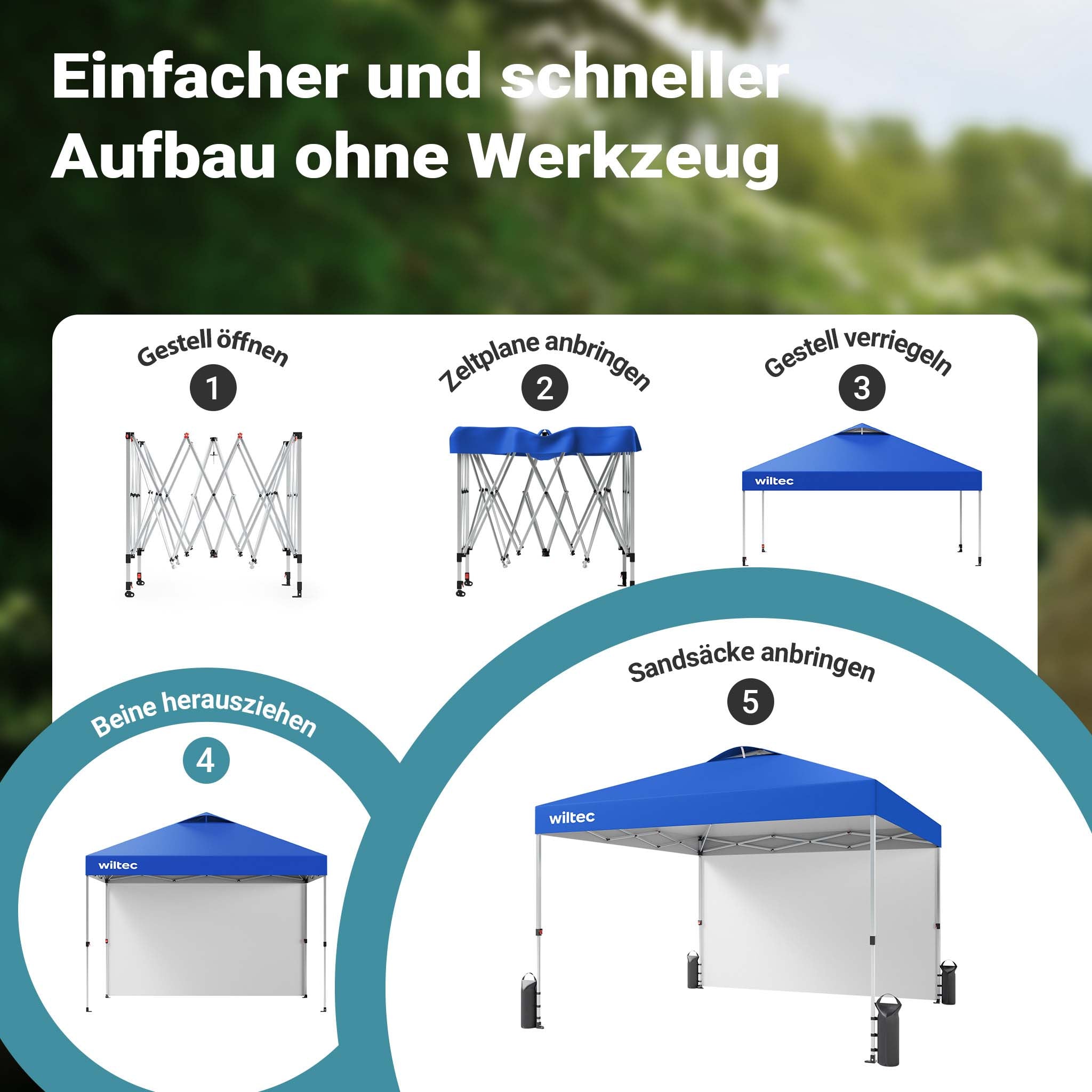 Gazebo pieghevole pop-up blu, 3 x 3 m con parete laterale e ruote