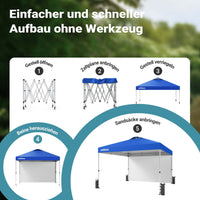 Gazebo pieghevole pop-up blu, 3 x 3 m con parete laterale e ruote