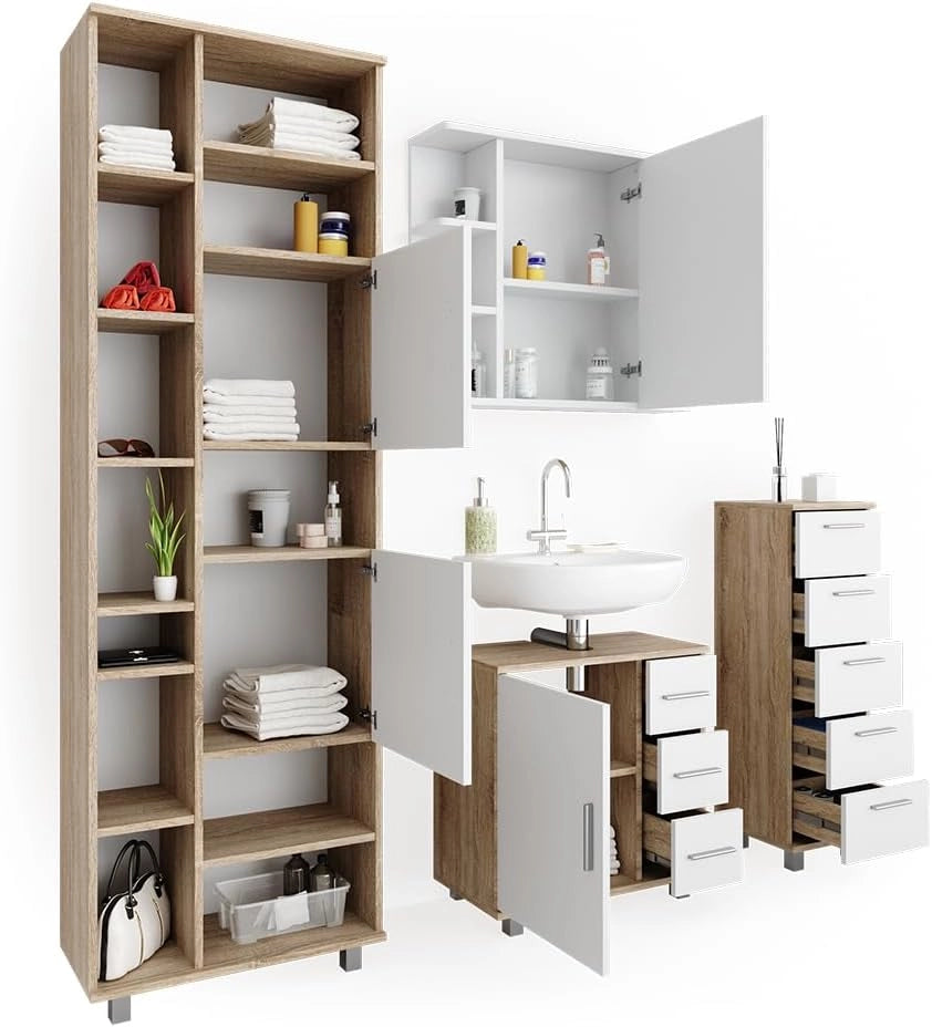 Set mobili bagno Ilias, Sonoma, 60 cm, composto da mobile lavabo, pensile a specchio, colonna e base media