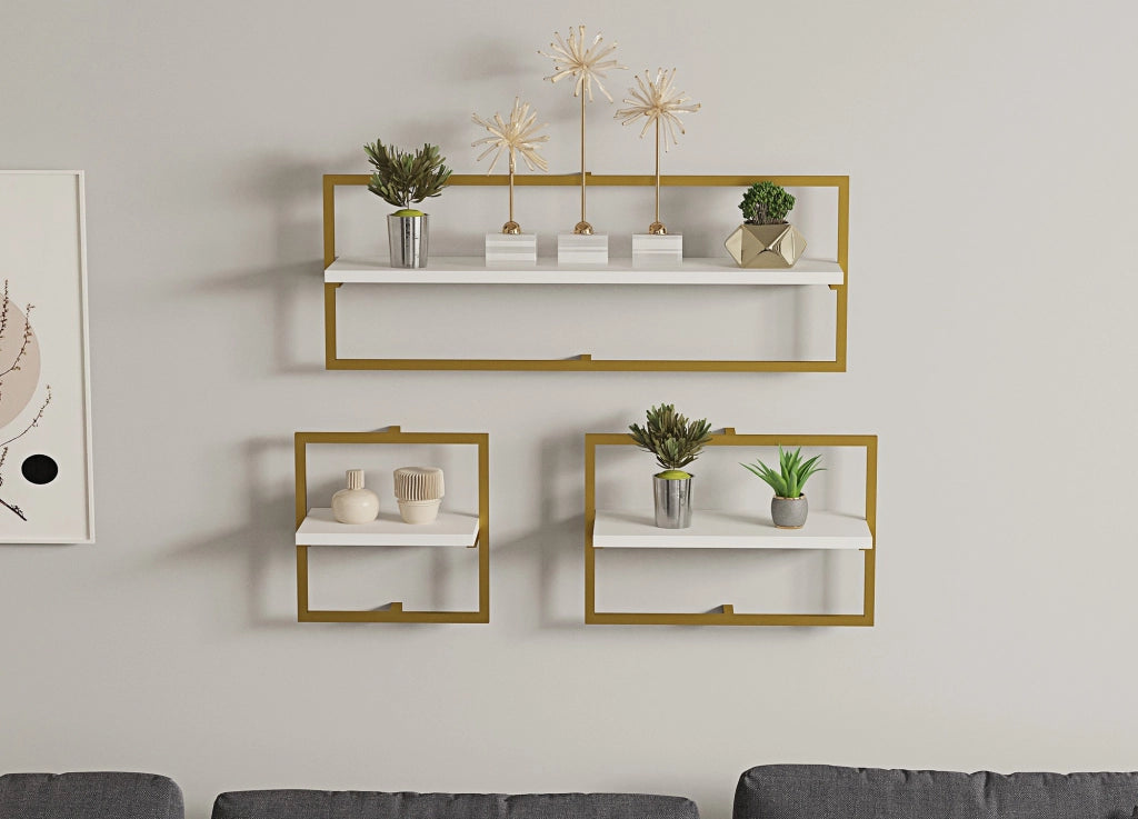 Mensola da parete in legno "Yeso" - 80 x 20 x 30 cm - Bianco, Oro