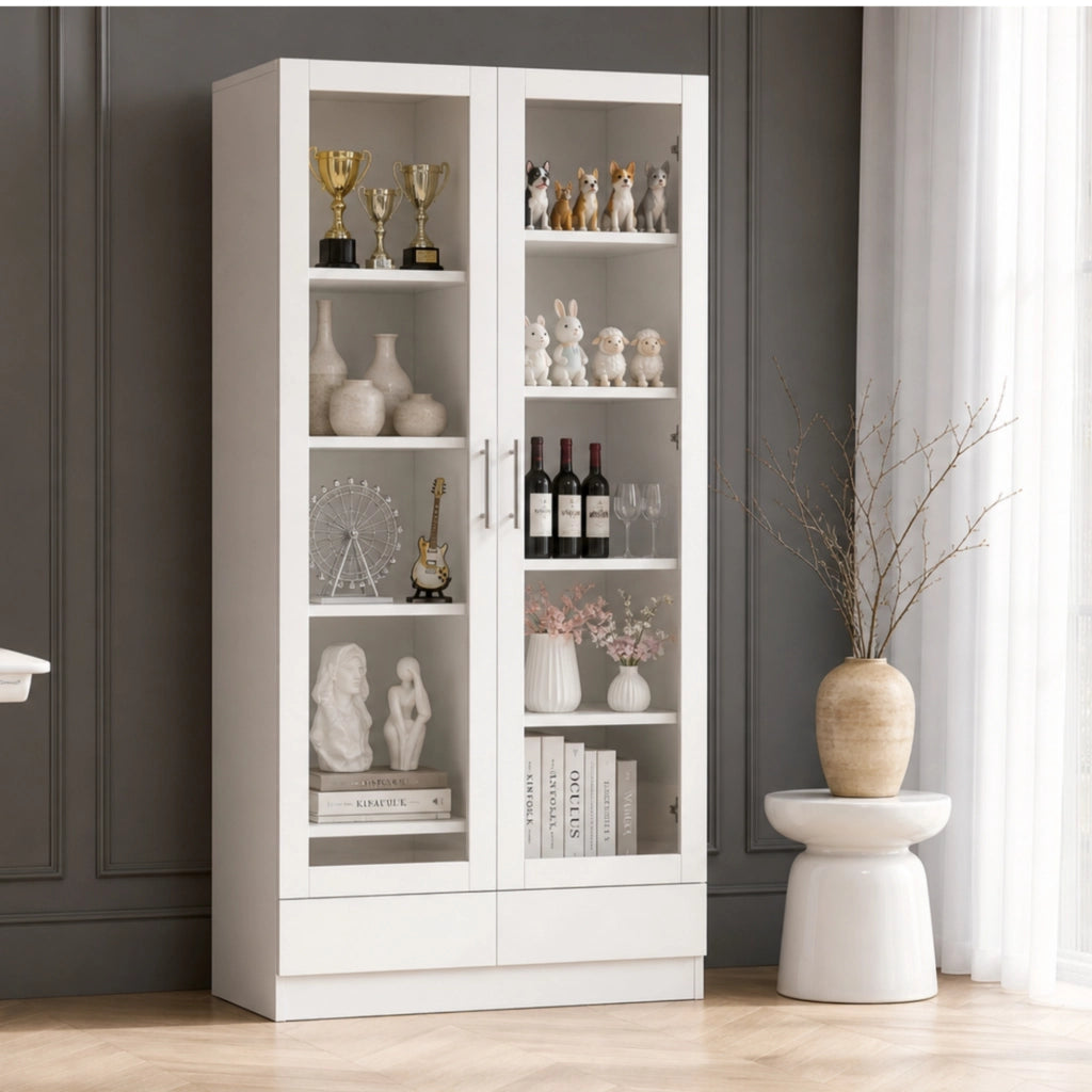 Vetrina con ante in vetro e 2 cassetti, 9 vani e ripiani, per soggiorno e ufficio, bianco, 80 × 40 × 160 cm