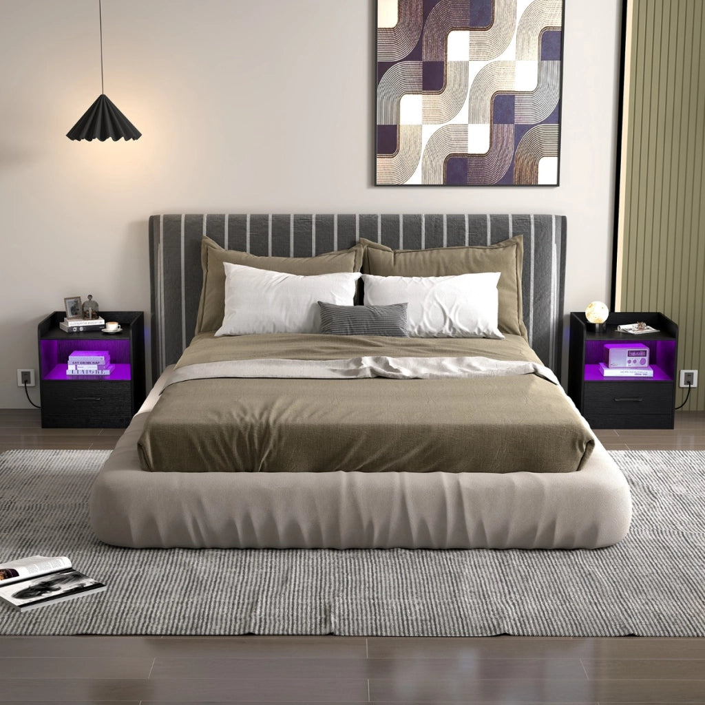Tavolino da notte con mensola aperta e cassetto estraibile tavolino da salotto con luce, Comodino a 3 livelli Nero-Comodini