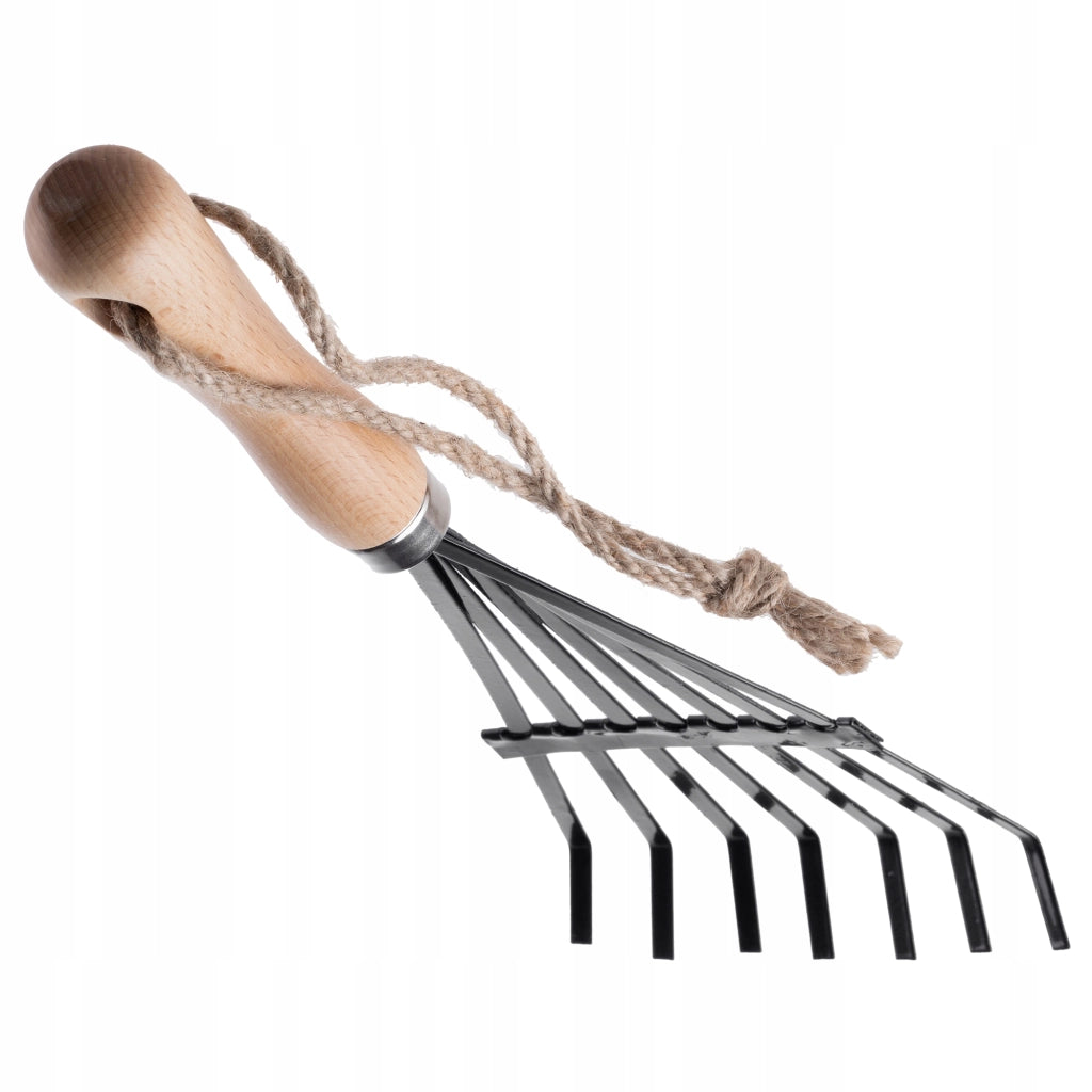 Rastrello da giardino in metallo KADAX, piccolo, 37 cm, con manico in legno a forma di ventaglio.
