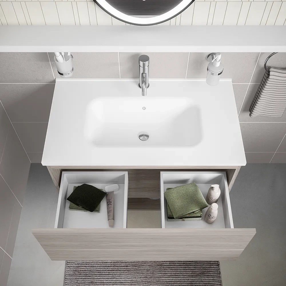Mobile sospeso 80 cm rovere grigio con un cassetto, vano a giorno e lavabo | Sauris