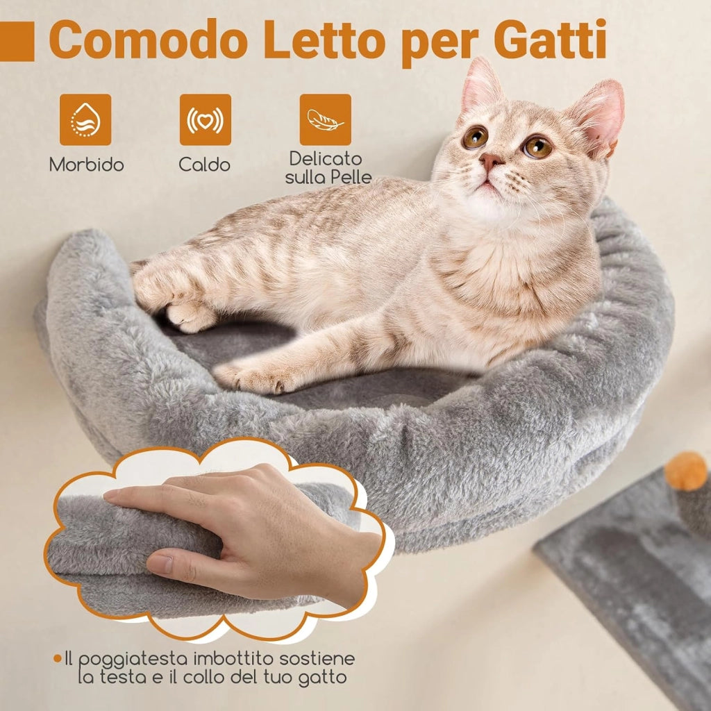 Set Albero per Gatti da Parete, Set Albero Tiragraffi Salvaspazio con Piattaforme, 2 Comode Cuccie, 1 Letto Comodo e 1 Tavola Graffio, Centro Attività per Gattini per Soggiorno