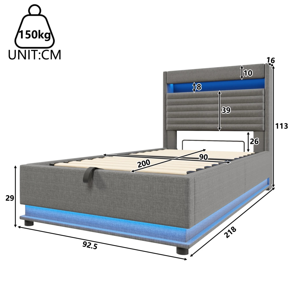 Letto imbottito singolo 90x200 cm con LED, USB-C e contenitore