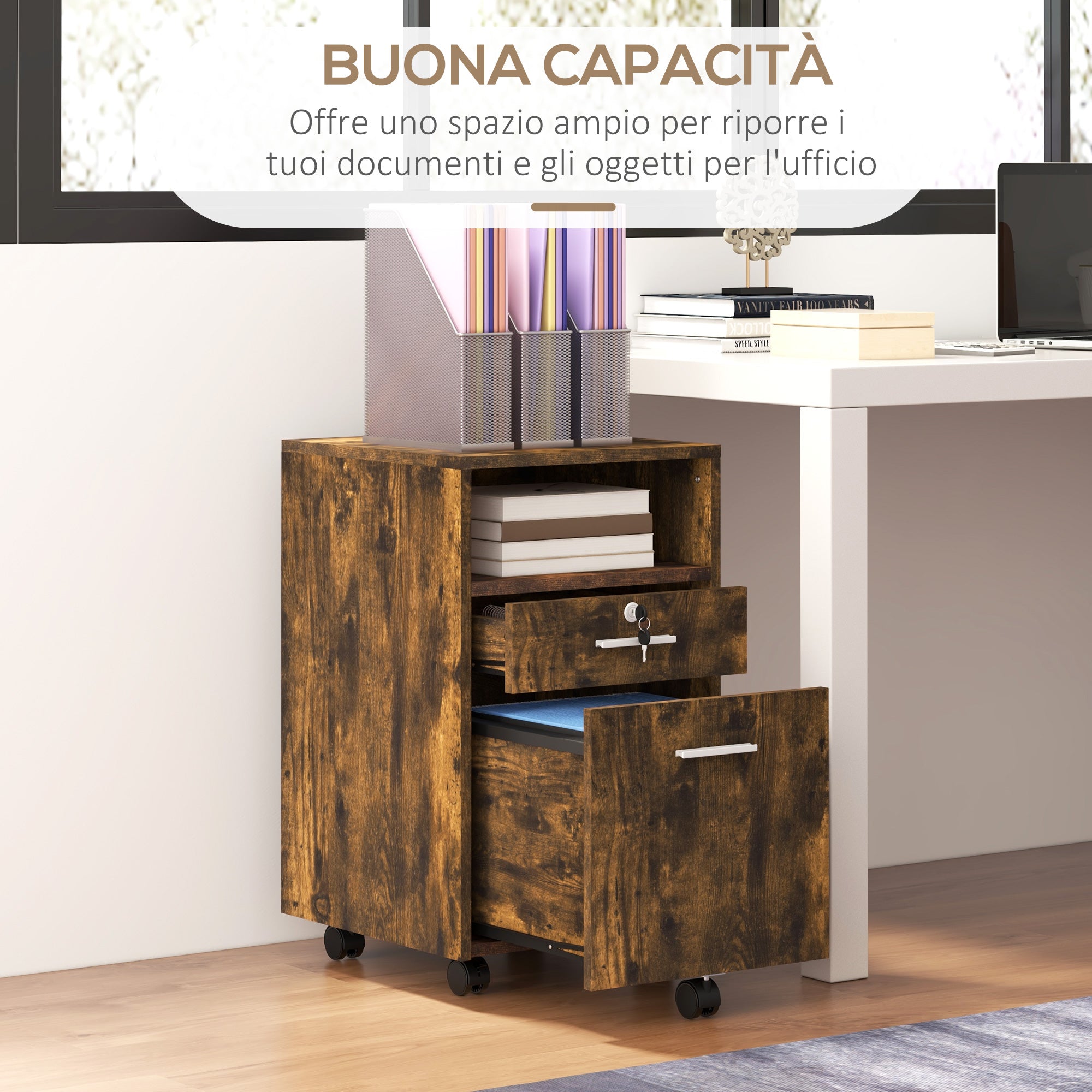 Cassettiera da Ufficio Portadocumenti con Serratura 39x40x65 cm in Legno Marrone