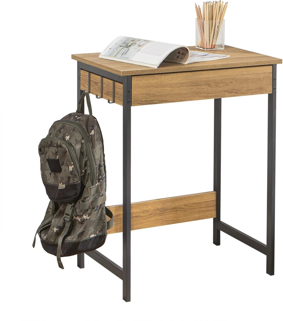 Scrivania Salvaspazio con 1 Cassetto e 2 Ganci Tavolo da Lavoro Angolare Piccolo per Ufficio o Studio Scrivania Nero-Naturale per Casa, Cameretta o Computer 60x40x77cm FWT43-N