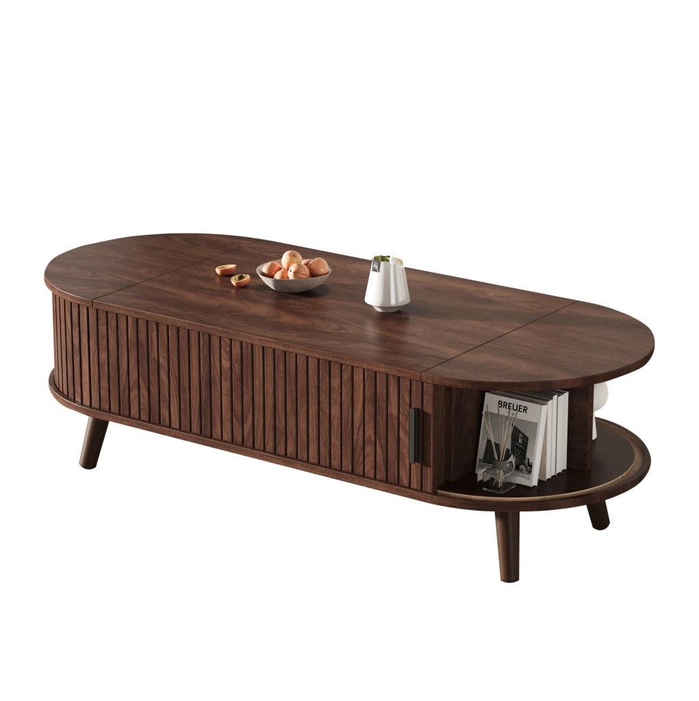 Tavolino da salotto sollevabile 120 x 50 x 39;5 cm in MDF; colore noce con vano portaoggetti
