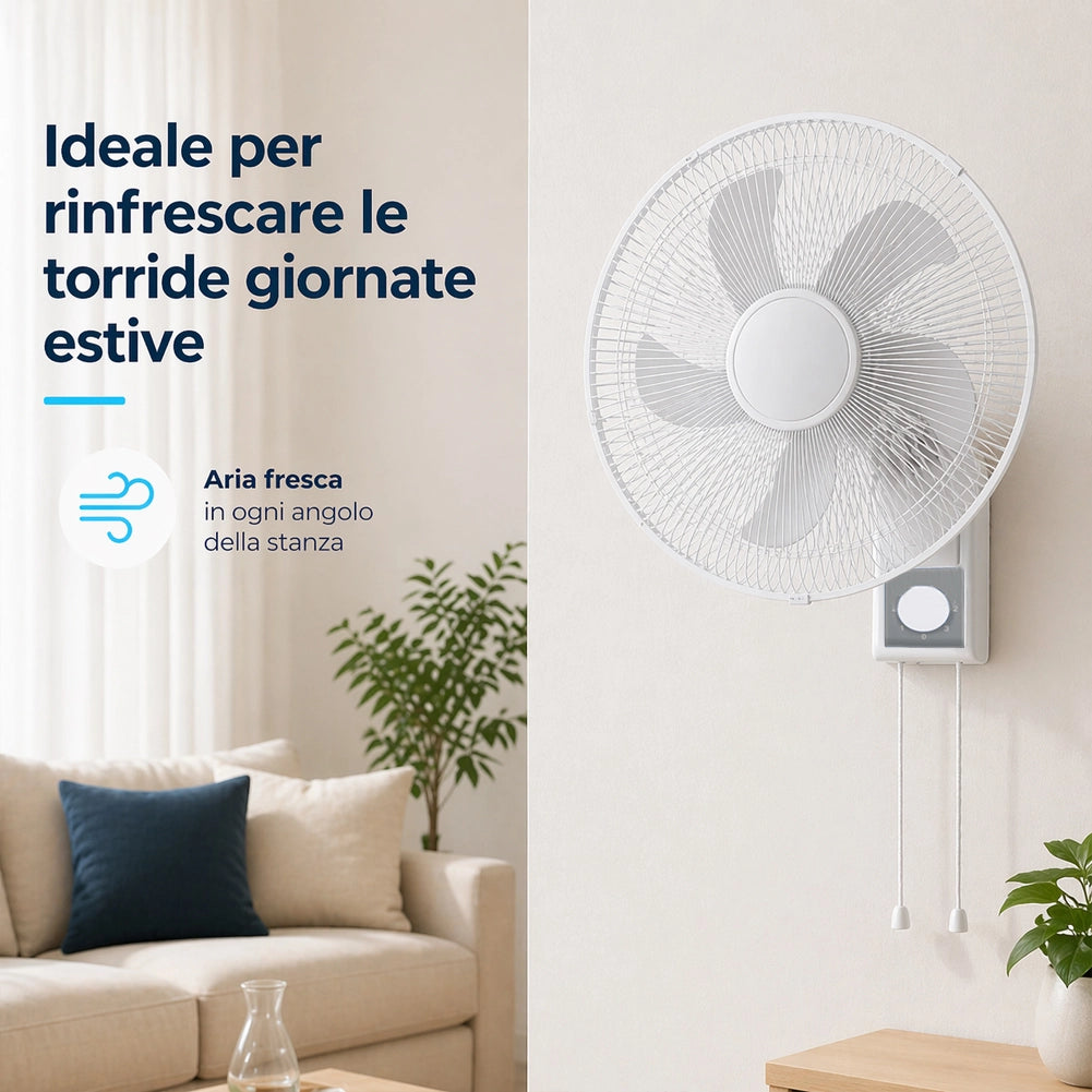 Ventilatore da Muro 43cm Bianco Raffrescatore Silenzioso 3 Velocità a Parete