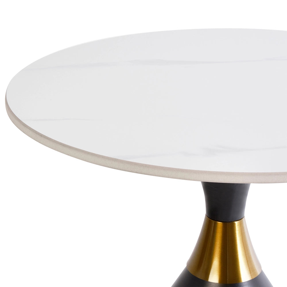 Tavolino Piano in pietra sinterizzata bianca Base in metallo nero ø 50 cm Aspetto naturale Accento oro Design moderno Soggiorno