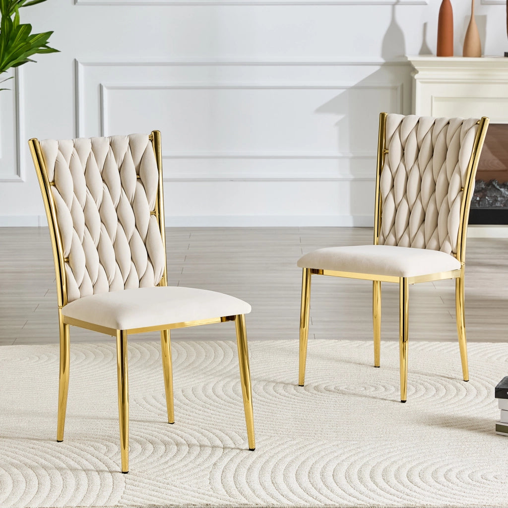 Sedia da pranzo imbottita in velluto beige con gambe in metallo oro